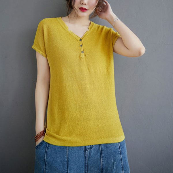 Womens Hemp Tshirt Henley Top Yellow Organic cotton shirt